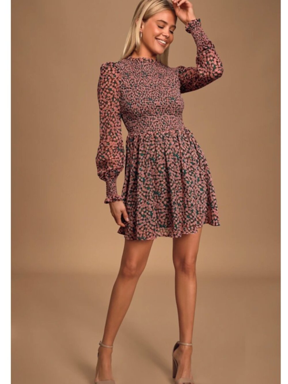 NWT Lulus Floral Forever Green & Pink Floral Print Smocked Skater Dress Medium
